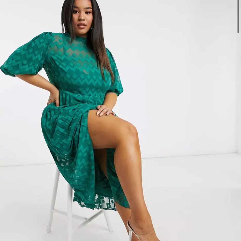 ASOS DESIGN Curve high neck pleated chevron midi dress with puff sleeve in green